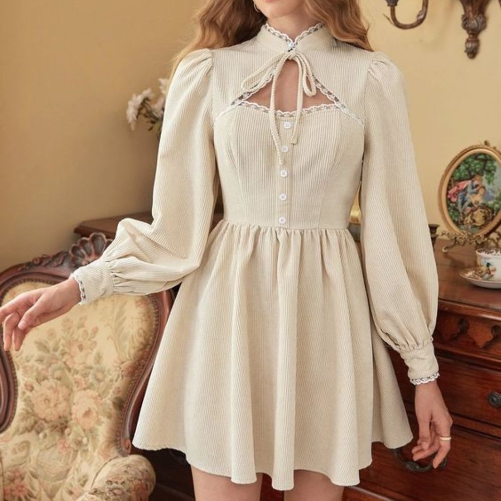Cream Corduroy 70s Prairie Cottagecore Puff Long Sleeve Bow Dolly Dress SM